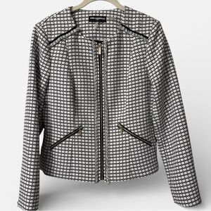 Karl Lagerfeld Zip Front Jacket 8 White Black Geometric Pattern Parisian Chic